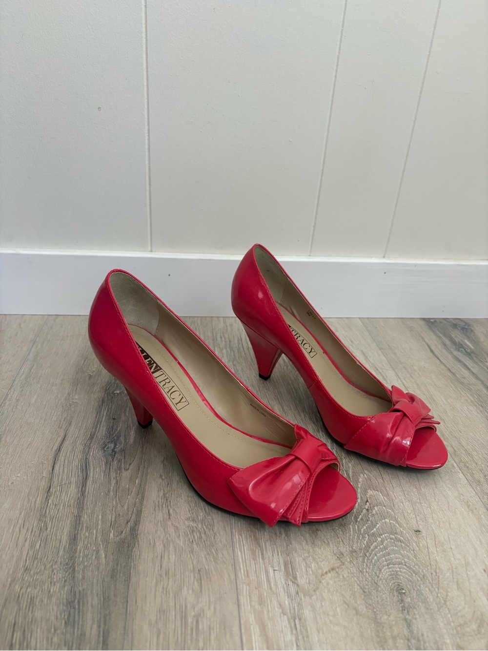 Ellen Tracy Hally Patent Peep-Toe Heels with Knot Bow